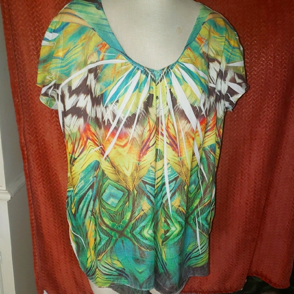 Cato Blue Green Graphic Relaxed Blouse 22/24